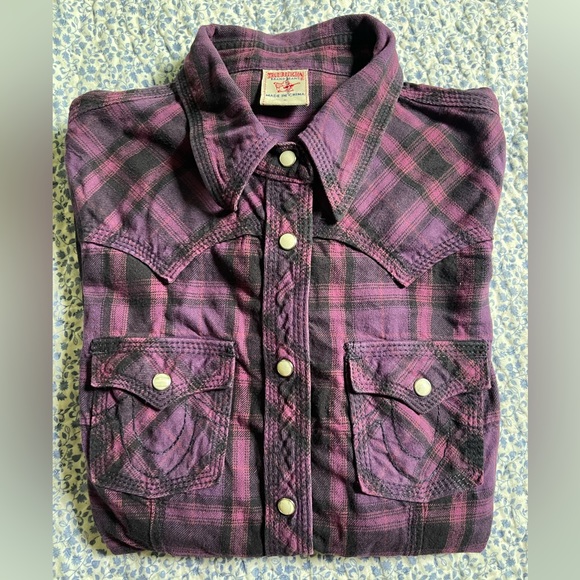 TRUE RELIGION Western Pearl Snap Purple Plaid Size W Small - Picture 2 of 13